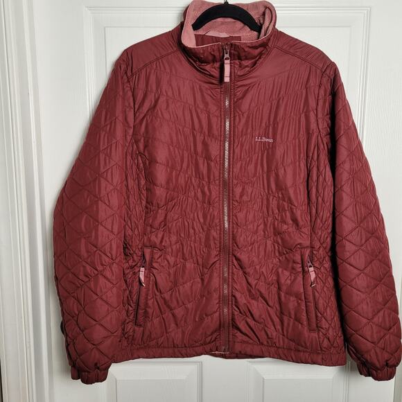 LL Bean Jacket Womens 1X Plus Burgundy Quilted PrimaLoft Fleece Lined Full Zip - Picture 1 of 13